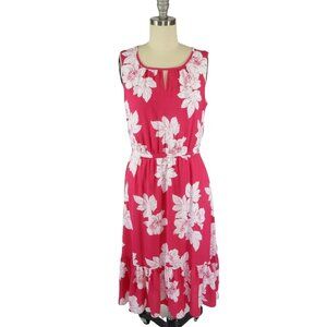 TALBOTS Pink White Floral Crepe Key Hole Neckline Ruffle Hem Midi Dress Size 2
